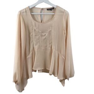 Happening In The Present sheer cream high/low blouse. Size M